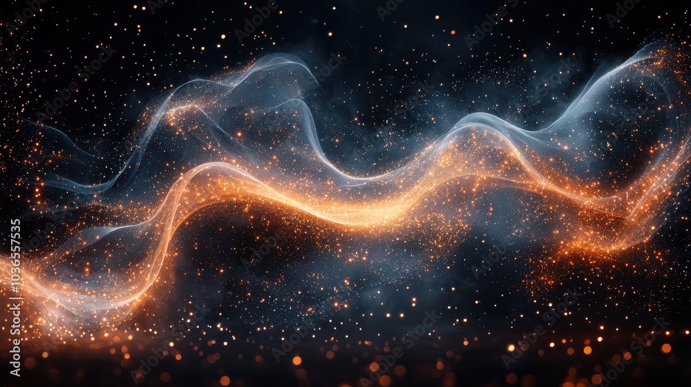 Swirling orange and blue light trails in a dark space with shimmering particles, creating a mystical atmosphere Swirling orange and blue light trails in a dark space with shimmering particles, creating a mystical atmosphere