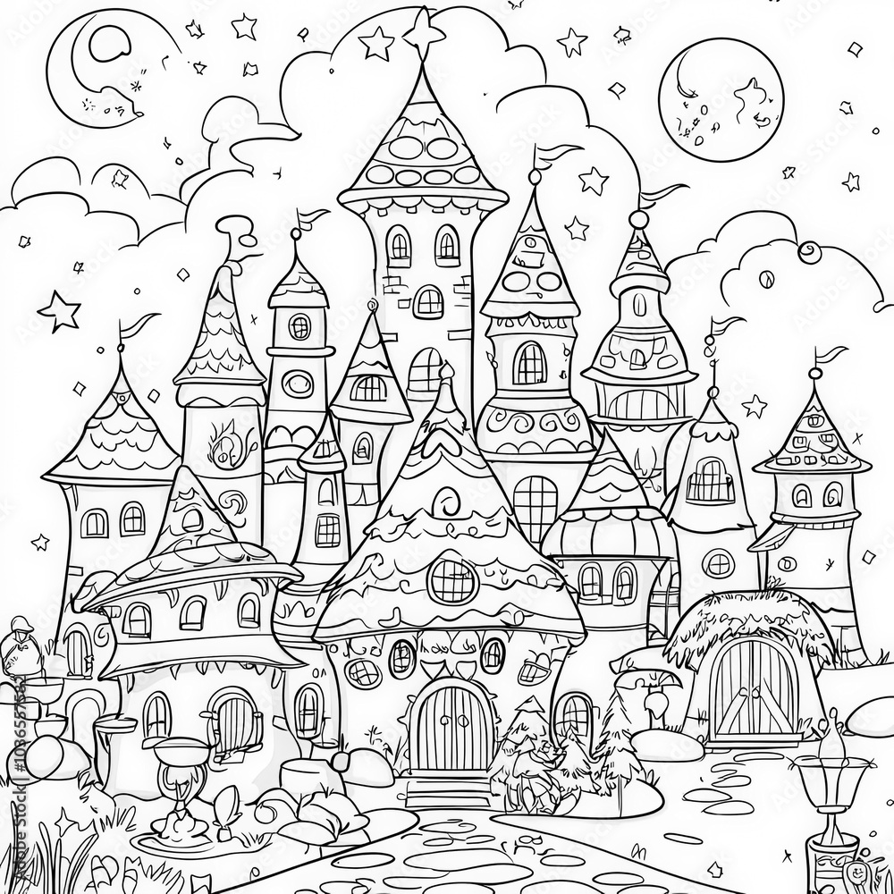 A fantasy fair with magical creatures, coloring page for kids, simple outline illustration. Coloring book, simple lines. A fantasy fair with magical creatures, coloring page for kids, simple outline illustration. Coloring book, simple lines.