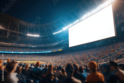 A vibrant crowd fills the stadium at night, eagerly anticipating the upcoming game on the massive screen