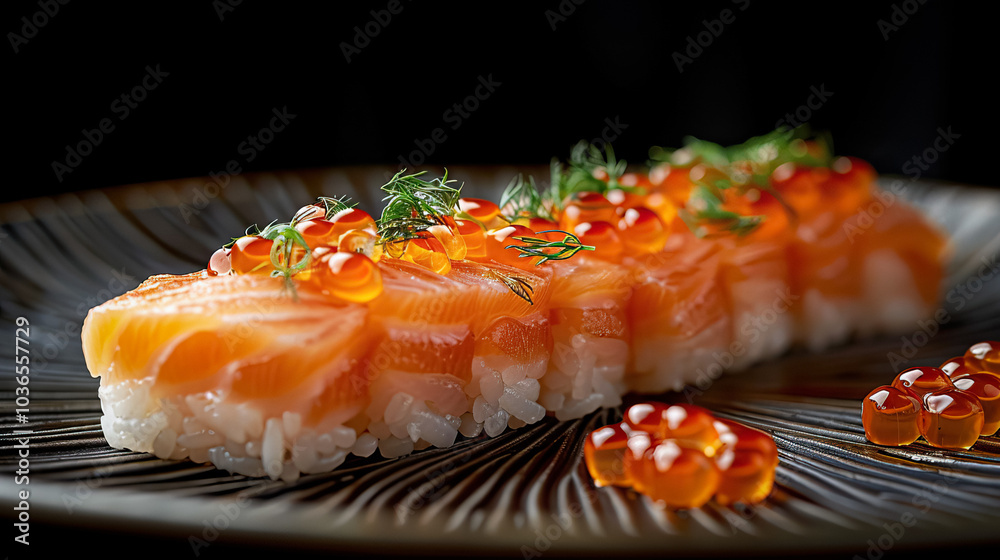 A fresh sushi, black environment, haute cuisine, Michelin restaurant, close-up view A fresh sushi, black environment, haute cuisine, Michelin restaurant, close-up view