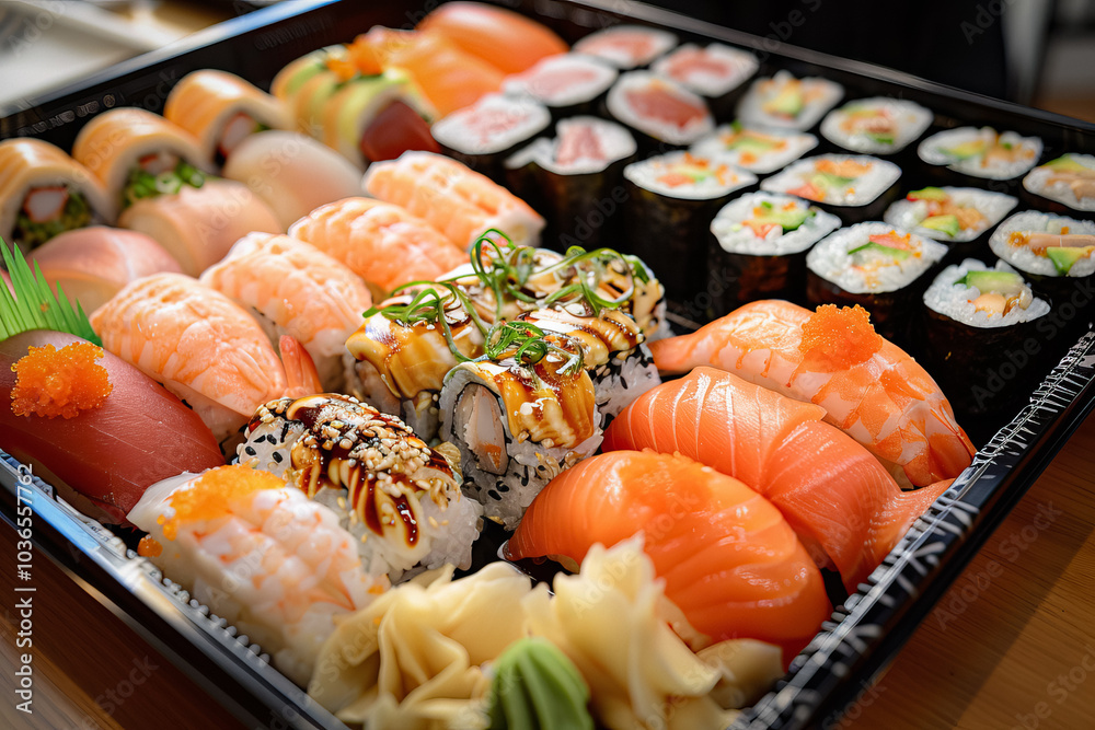 A fresh sushi platter with various pieces including nigiri, sashimi, and rolls A fresh sushi platter with various pieces including nigiri, sashimi, and rolls