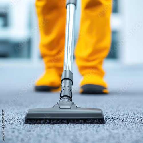 A professional cleaner in yellow overalls using a vacuum cleaner on carpet, ensuring a spotless environment.