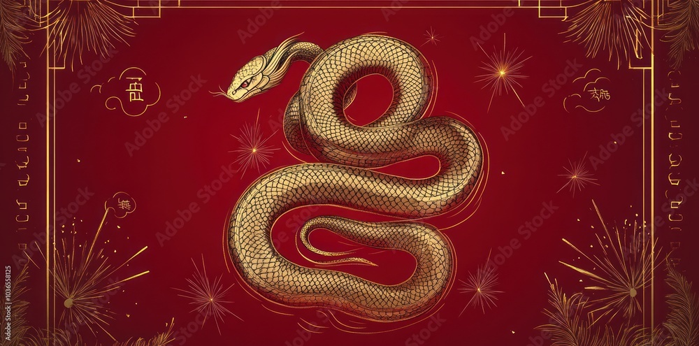 Golden Snake with Scaly Skin and Chinese Characters on Red Background Golden Snake with Scaly Skin and Chinese Characters on Red Background