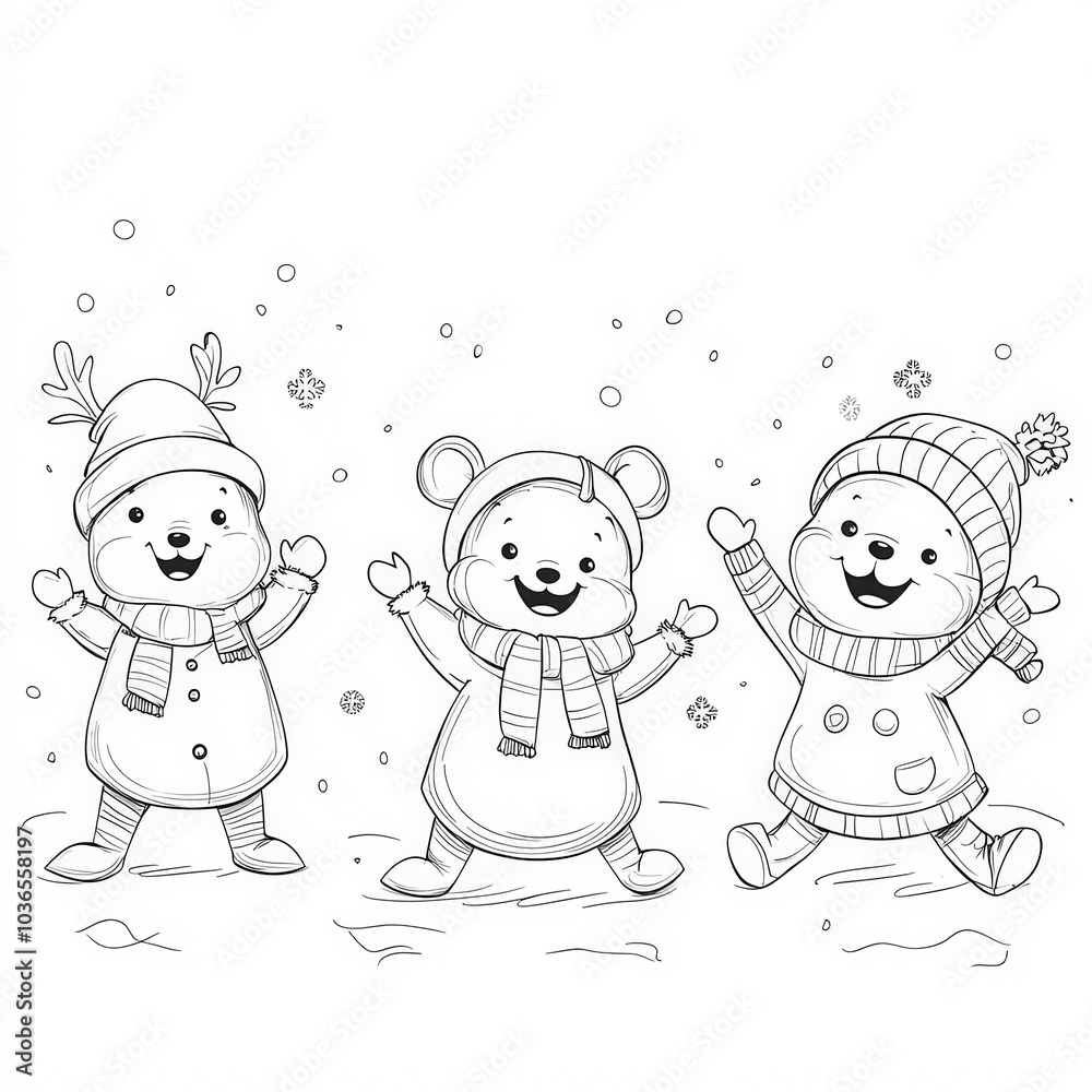 A holiday-themed cartoon with dancing animals, coloring page for kids, simple outline illustration. Coloring book, simple lines. A holiday-themed cartoon with dancing animals, coloring page for kids, simple outline illustration. Coloring book, simple lines.