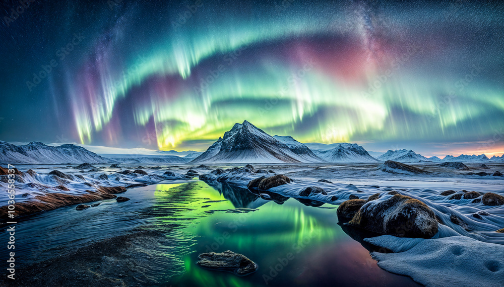 Majestic Northern Lights Over Snowy Mountain Landscape