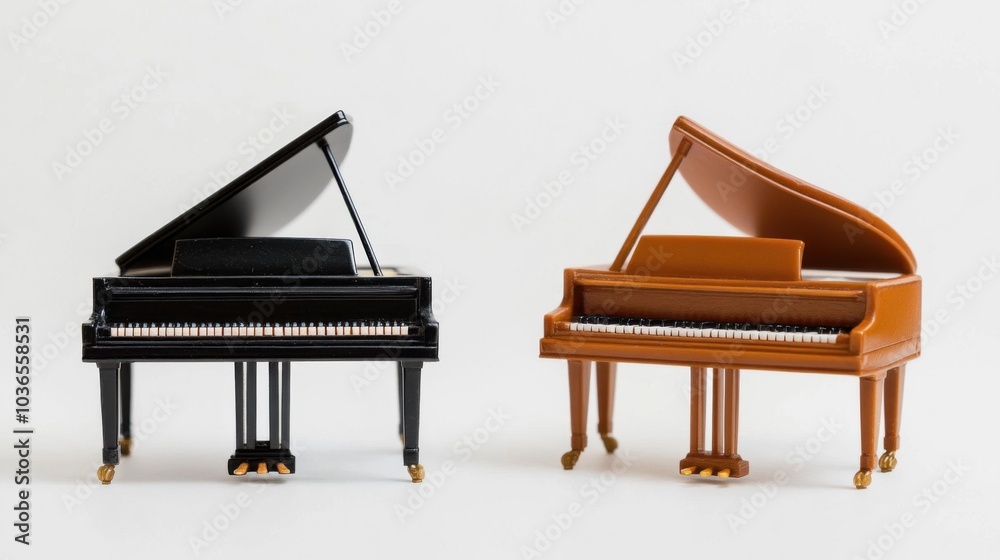 Miniature black and brown grand pianos on white background for music lovers Miniature black and brown grand pianos on white background for music lovers