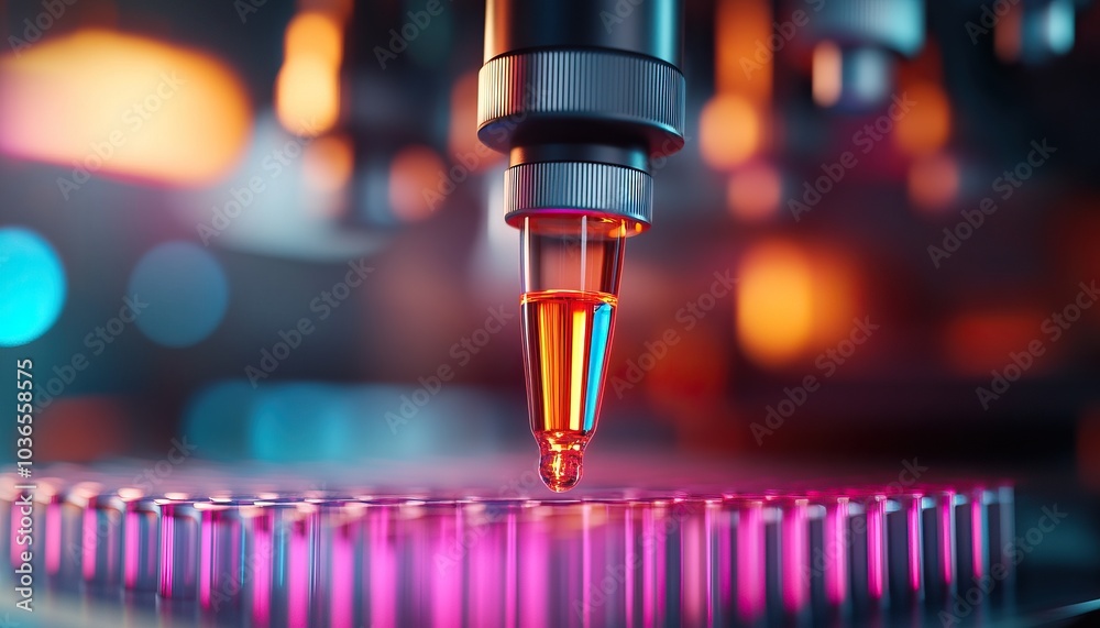 Close-up of a precision liquid dispensing nozzle releasing a droplet onto a microchip surface. High-tech laboratory setting. Close-up of a precision liquid dispensing nozzle releasing a droplet onto a microchip surface. High-tech laboratory setting.