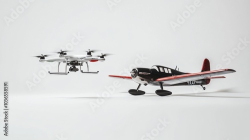 Model drone and vintage airplane on white background, showcasing aviation technology evolution