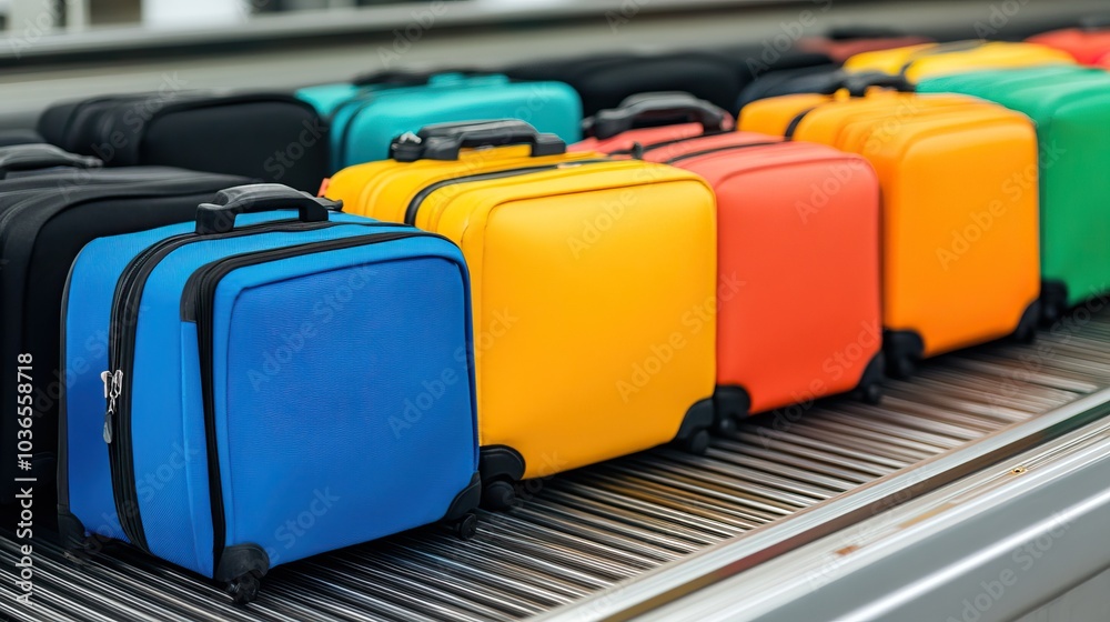 Fototapeta premium Colorful suitcases lined up on a conveyor belt at an airport, ready for travel and adventure.