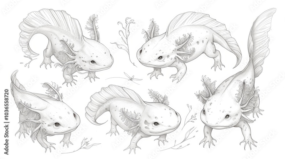 Fototapeta premium Charming Axolotl Line Art on Clean Background