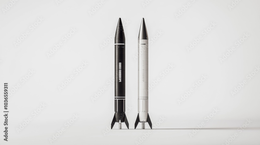 Two sleek model rockets on display against a plain white background Two sleek model rockets on display against a plain white background