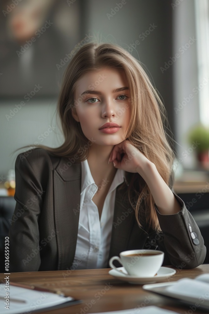 A poised businesswoman having a coffee break in her office, taking a moment to recharge. A poised businesswoman having a coffee break in her office, taking a moment to recharge.