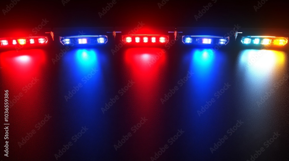 A row of colorful emergency lights in red, blue, and white, indicating alert or warning signals. A row of colorful emergency lights in red, blue, and white, indicating alert or warning signals.