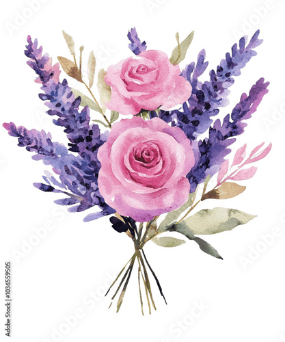 Boho watercolor flower bouquet with roses and lavender in pink and purple on white background