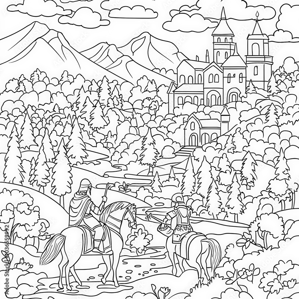 An adventure in a fantasy land with knights, coloring page for kids, simple outline illustration. Coloring book, simple lines. An adventure in a fantasy land with knights, coloring page for kids, simple outline illustration. Coloring book, simple lines.