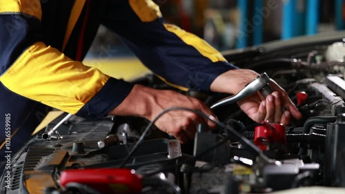 Wallpaper Mural Slow motion. Close up mechanical hand with tools and spanner. Hispanic latin male mechanic repairs car in garage. Car maintenance and auto service garage concept Torontodigital.ca