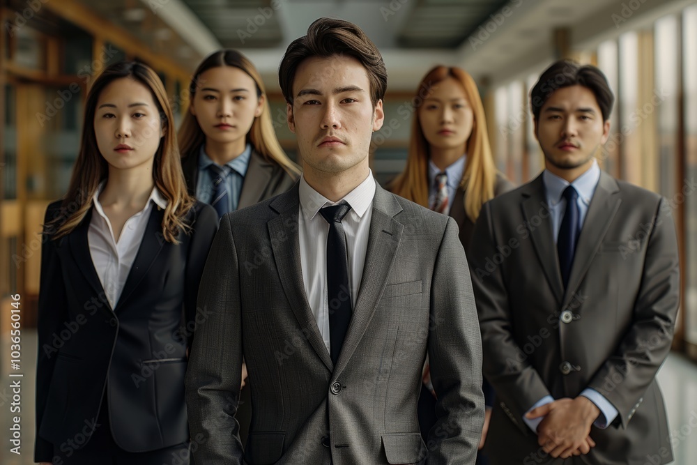 Diverse Group of Confident Business Professionals in Formal Attire Standing in Modern Office Hallway Diverse Group of Confident Business Professionals in Formal Attire Standing in Modern Office Hallway