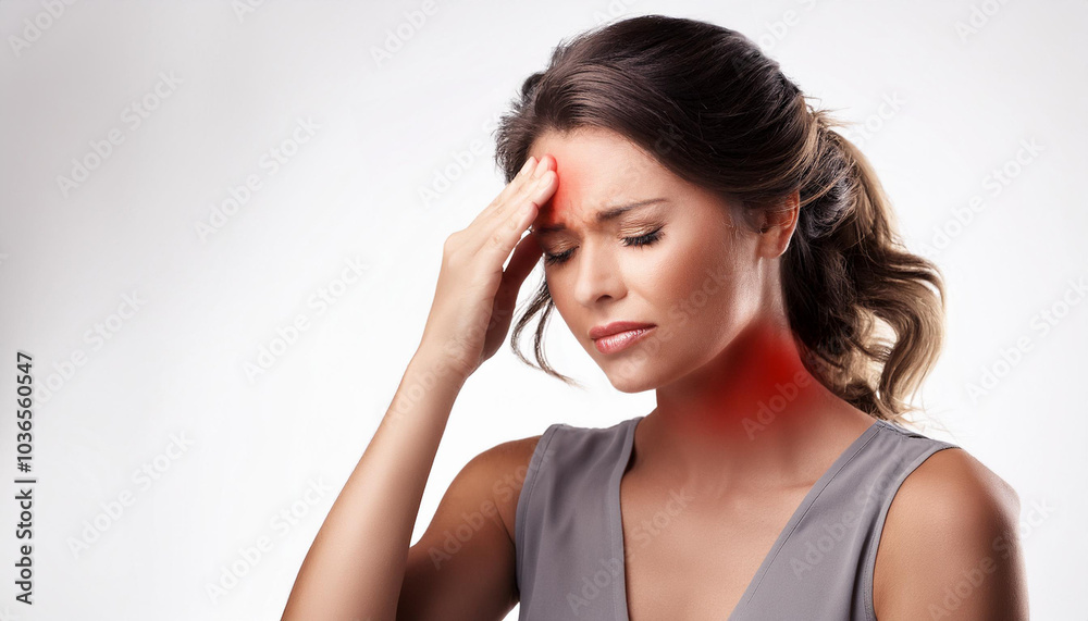 Mujer joven con expresion de dolor de cabeza aislada en fondo blanco Mujer joven con expresion de dolor de cabeza aislada en fondo blanco