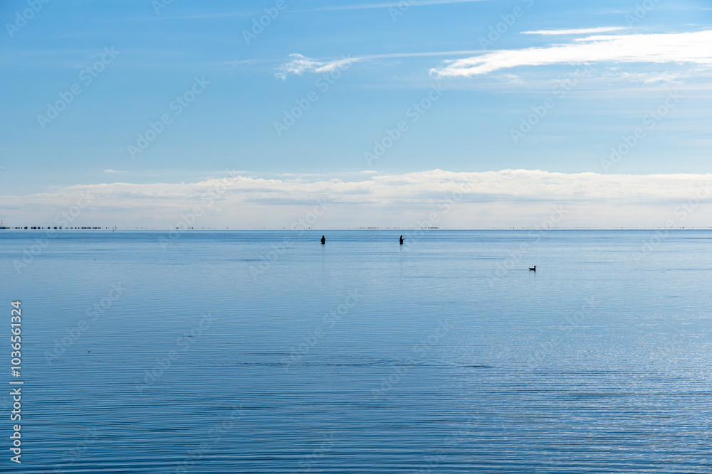Calm Mediterranean Sea in the Ebro Delta with two backlit fishermen and a duck under a clear blue sky with Trabucador beach on the horizon. Calm Mediterranean Sea in the Ebro Delta with two backlit fishermen and a duck under a clear blue sky with Trabucador beach on the horizon.