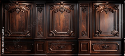 Luxury Classic Wood Paneling Wall Background with Carved Panels and Decorative Elements in Mahogany or Walnut photo