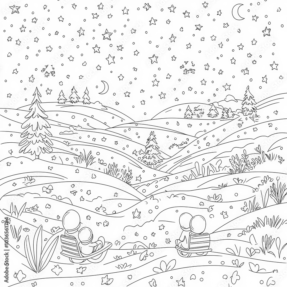Fototapeta premium Children sleigh riding down a hill, coloring page for kids, simple outline illustration. Coloring book, simple lines.