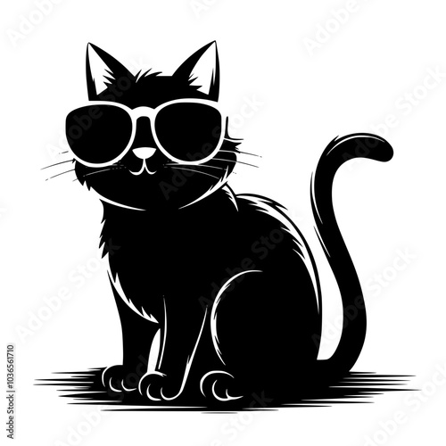 Cool black cat wearing sunglasses illustration, Stylized black cat wearing large sunglasses in a minimalist design, combining cuteness and coolness for a fun, modern look.



