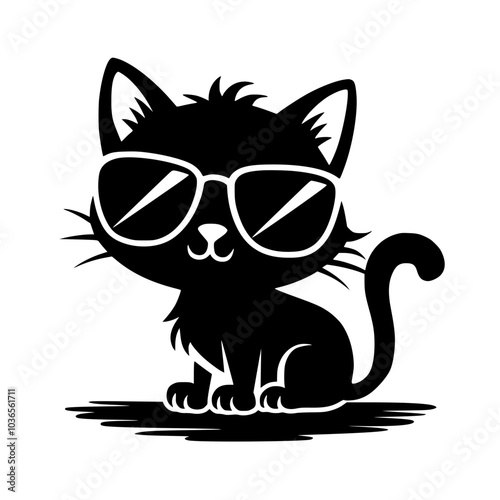 Cool black cat wearing sunglasses illustration, Stylized black cat wearing large sunglasses in a minimalist design, combining cuteness and coolness for a fun, modern look.



