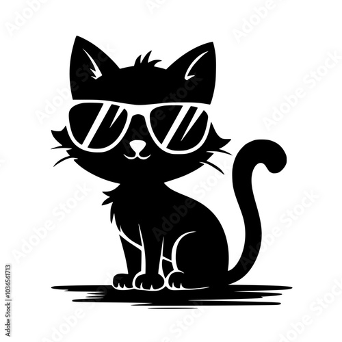 Cool black cat wearing sunglasses illustration, Stylized black cat wearing large sunglasses in a minimalist design, combining cuteness and coolness for a fun, modern look.



