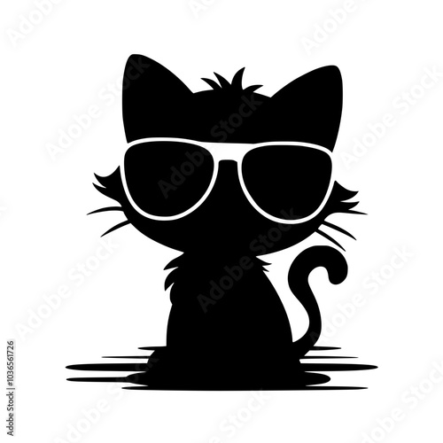 Cool black cat wearing sunglasses illustration, Stylized black cat wearing large sunglasses in a minimalist design, combining cuteness and coolness for a fun, modern look.



