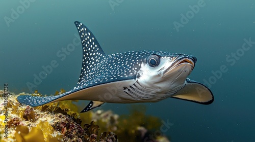 Fototapeta Naklejka Na Ścianę i Meble -  A spotted eagle ray swims over a coral reef with its mouth open.