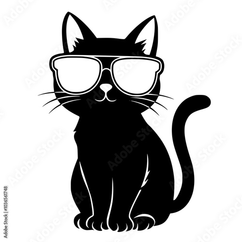 Cool black cat wearing sunglasses illustration, Stylized black cat wearing large sunglasses in a minimalist design, combining cuteness and coolness for a fun, modern look.



