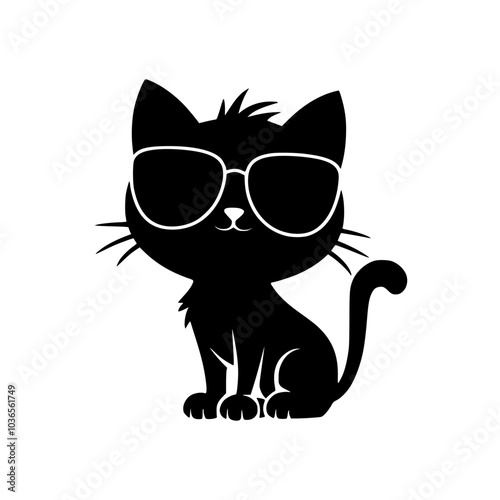 Cool black cat wearing sunglasses illustration, Stylized black cat wearing large sunglasses in a minimalist design, combining cuteness and coolness for a fun, modern look.



