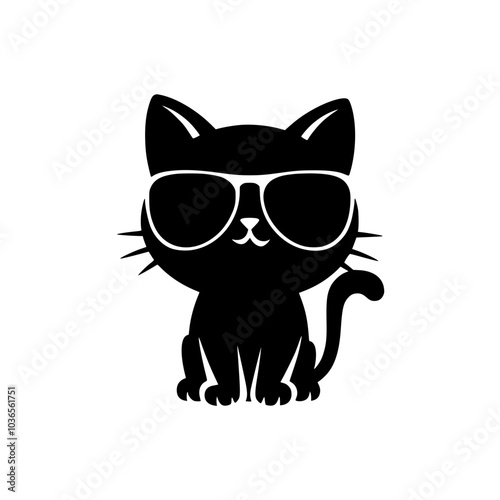 Cool black cat wearing sunglasses illustration, Stylized black cat wearing large sunglasses in a minimalist design, combining cuteness and coolness for a fun, modern look.



