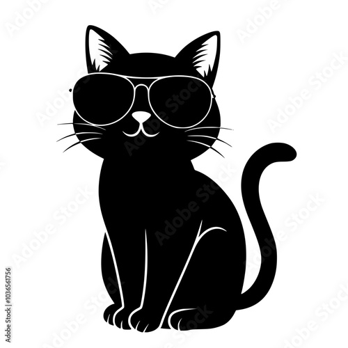 Cool black cat wearing sunglasses illustration, Stylized black cat wearing large sunglasses in a minimalist design, combining cuteness and coolness for a fun, modern look.



