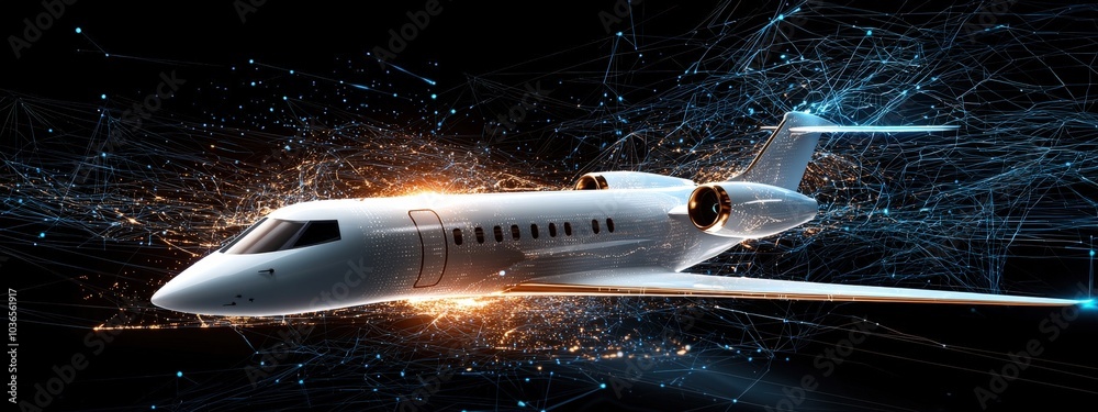 Naklejka premium Futuristic Jet with Digital Elements and Spark Effects