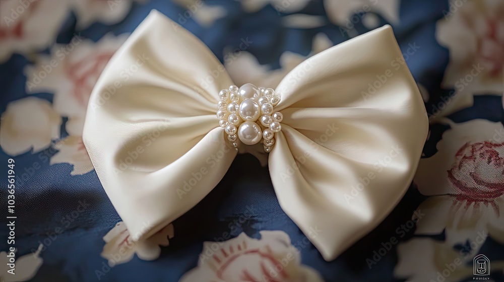A White Satin Bow Adorned with Pearls