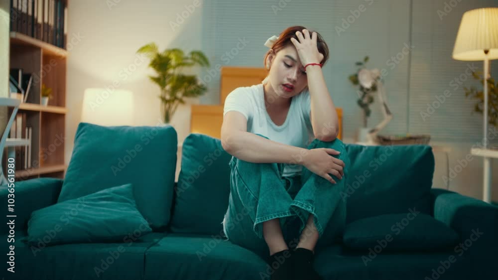 Young woman sits on a couch at home, feeling overwhelmed by sadness and worry. Emotions of anxiety and loneliness wash over her as she contemplates her struggles Young woman sits on a couch at home, feeling overwhelmed by sadness and worry. Emotions of anxiety and loneliness wash over her as she contemplates her struggles