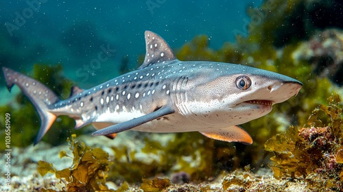 A spotted shark swims through turquoise water with kelp in the background.