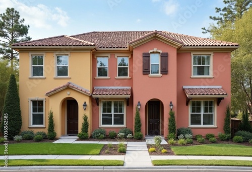 Colorful stucco finish traditional private townhouses. Residential architecture exterior