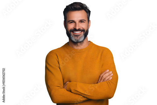 Portrait of attractive self-assured with beaming shiny smile haircut with long furfur wearing casual classic color of mustard sweater macho man standing with folded arms isolated on gray background photo