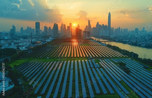 Sustainable city with solar power and renewable energy. Eco-friendly urban planning and carbon neutrality. Net zero emissions and environmental conservation.