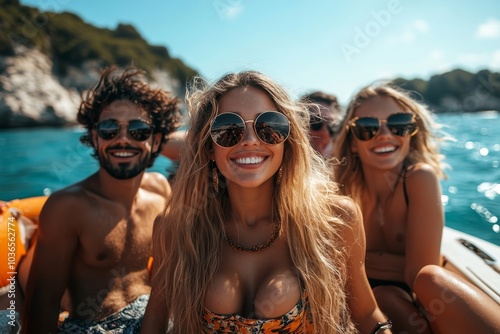 Group of friends enjoying in a boat party, Generative AI