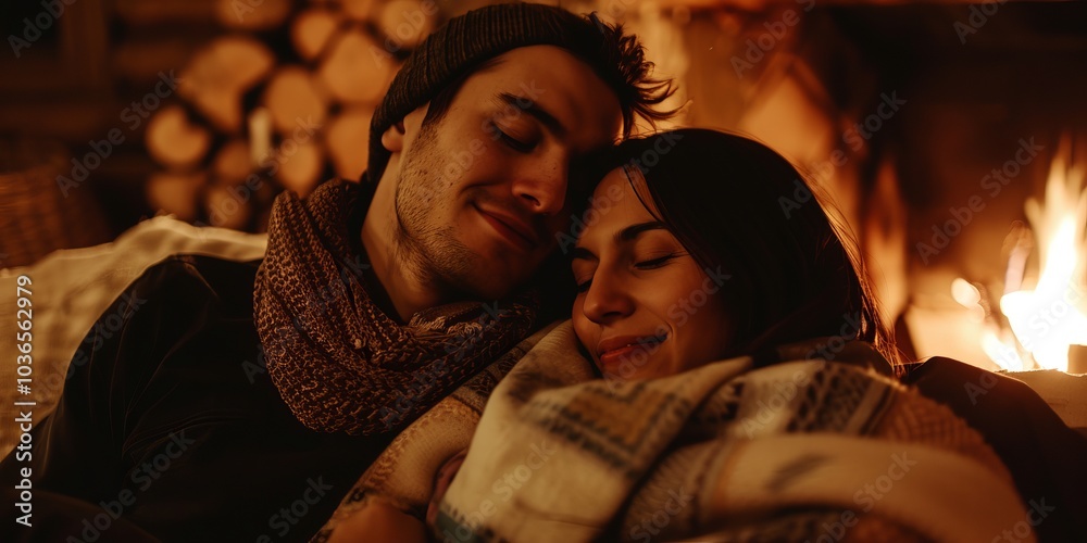 Couple in a warm embrace beside a crackling fireplace. Couple in a warm embrace beside a crackling fireplace.