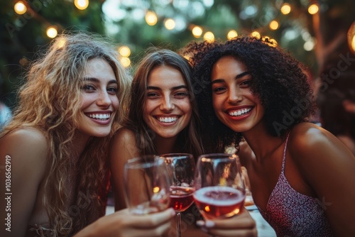 Female friends having drinks at party outdoors, Generative AI