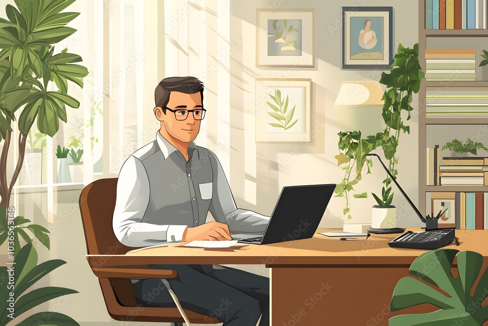 Man Working at Desk in Home Office with Plants