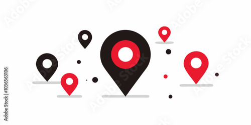 Set of location pin icons, simple vector style, flat design, white background, and three different colors: red, black, and grey. Set of map pin location icons. Modern map markers Vector 