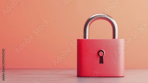 Stylish red padlock on a wooden surface against a soft orange background.