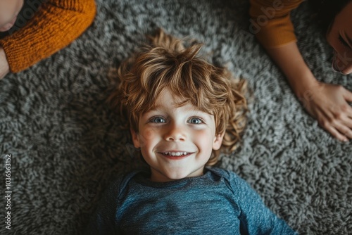 Overhead view of a little boy having fun with his mom and dad, Generative AI