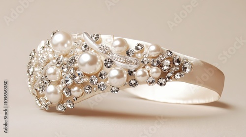 A White Satin Headband Adorned with Pearls and Rhinestones