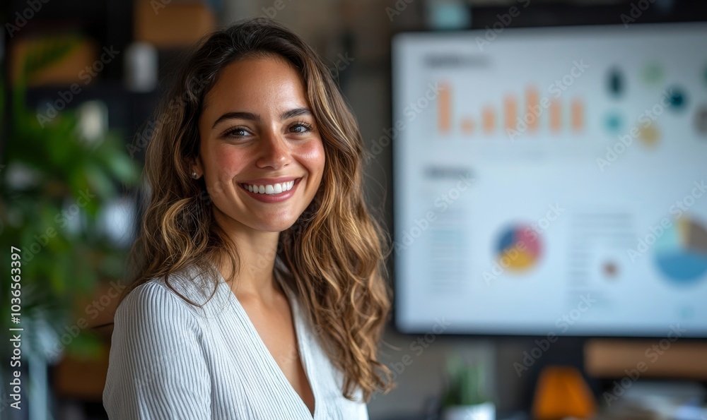 Smiling business woman giving a presentation, Generative AI
